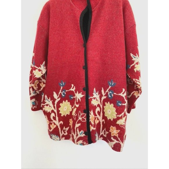 Jacquard Du Monde Sz L Knit Wool Blend Jacket Fleece Liner Floral Made in France - Picture 2 of 13